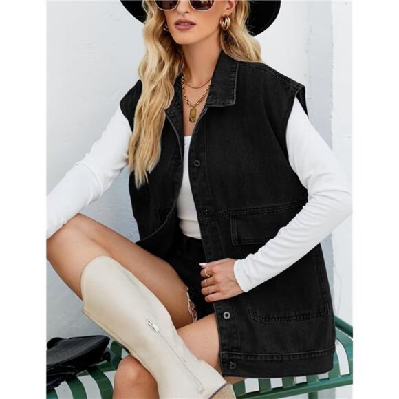 New Women's Cropped Distressed Denim Vest - Ripped Sleeveless Jean Jacket with - Picture 3 of 6